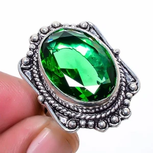 Emerald Quartz (Simulated) Gemstone Silver Plated Jewelry Ring s.5.5 F253 - Picture 1 of 5