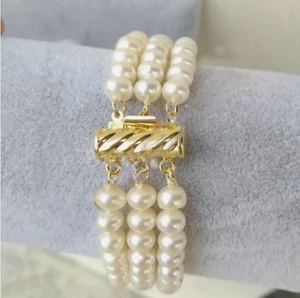 3 ROWS AAAA Japanese Akoya 4-3MM white pearl Bracelets 14K gold buckle - Picture 1 of 3