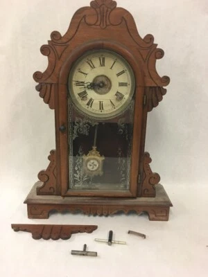 RELOJ Vintage repisa madera tallada a mano con puerta de cristal de 2 piezas no funciona grande Foto 1 de 4