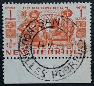 1958 New Hebrides 1Fr orange Natives stamp with Santo cds - Bild 1 von 2