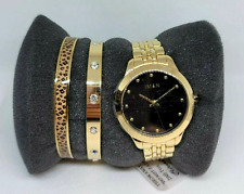 IMAN 38mm Black Dial Gold Metal Bracelet Womens Watch and 2 Bracelet Set