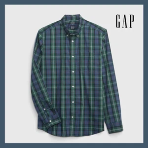NWT - GAP Slim Fit All-Day Poplin Stretch Long Sleeve Shirt, Green Plaid - $59 - Picture 1 of 7