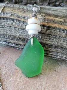 Sea Glass Necklace Puka Shells Sterling Silver Chain Surfer - Picture 1 of 5