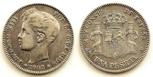 Spain-Alfonso XIII. 1 Peseta 1902*19-02. Madrid. Second Star Very Weak. - Picture 1 of 1