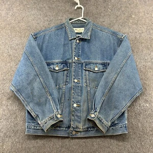 VINTAGE Eddie Bauer Jacket Mens Medium Blue Denim Jean Trucker Light Wash 90s - Picture 1 of 11