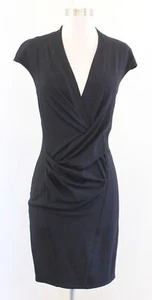 Helmut Lang Black V Neck Ruched Draped Wool Viscose Suiting Sheath Dress Size 2 - Picture 1 of 6