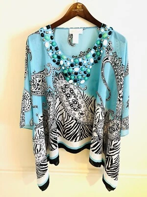 Top túnica kimono asimétrico Soft Surroundings talla única escote floral con cuentas Foto 1 de 4