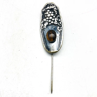 Vintage Silver Tone Grape Motif Stick Pin Tiger Eye Cabochon Art Nouveau Revival - Image 1 of 4