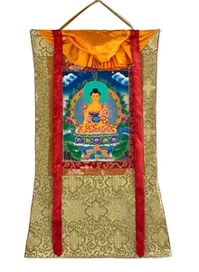 SHAKYAMUNI BUDHHA SIDDHARTHA ORIGINAL TIBETAN THANGKA PAINTING WITH SILK BROCADE - Picture 1 of 9