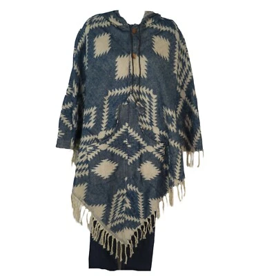 Poncho|2 Botones| Capucha con Cordón+Bolsillo|Boho|Azteca|Mezcla de Lana Yak|1 Talla| Denim Foto 1 de 4
