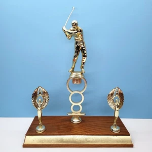 Vintage Golf Trophy Wooden Base Winged Victory Figures 1973 • 13.5" Tall - Picture 1 of 15