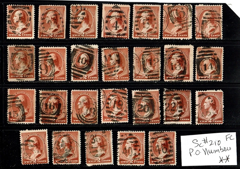 1883 U.S.CLASSIC 2c Red Brn Washington NUMERICAL Lot of 26  Sc#210 Fancy Cancels - Image 1 of 1