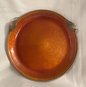 Vintage Evans Elegance orange handemailliertes Messing 8" Tablett mit Blatt Akzenten MCM - Bild 1 von 9