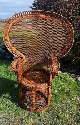 Sillón de colección de mediados de siglo bohemio de mimbre de ratán Emmanuelle de pavo real Foto 1 de 2