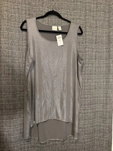 Neu mit Etikett Chico's Lexi ärmelloses Lagenlook-Tanktop Graystone Metallic-Schimmer hoch-tief Gr. 3 - Bild 1 von 7