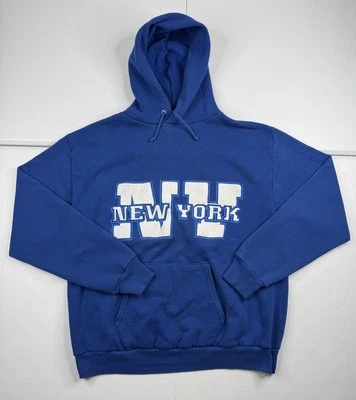 Pulôver azul com capuz Jerzees vintage Nova York anos 80 estampa puff desgastado feito nos EUA M-G - Imagem 1 de 4