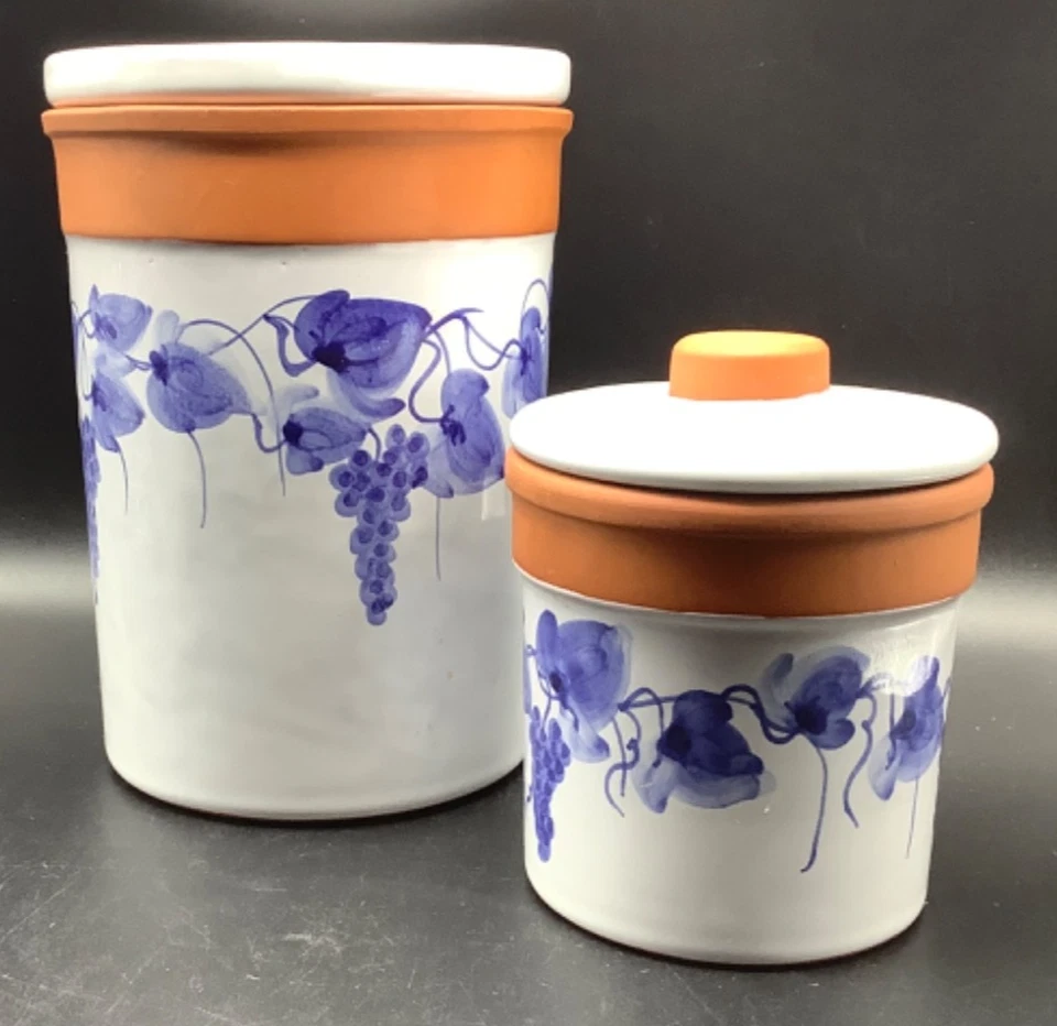 "Botes de terracota, esmalte blanco/azul, Portugal, firmados, juego de 2, 6"" y 4""" Foto 1 de 4