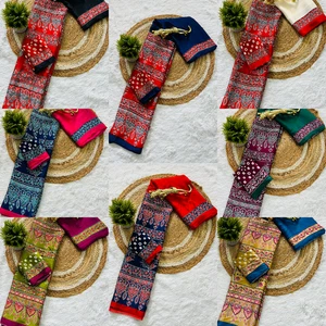 NEU DESIGNER BEDRUCKTER ORIGINAL SEIDENSARI STILVOLLES BLUSEN SET PARTY FUNKTION - Bild 1 von 59