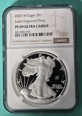 2025 W AMERICAN SILVER EAGLE - ASE - LASER ENGRAVED PRIVY - $1 NGC PF69 UC COIN - Image 1 of 4