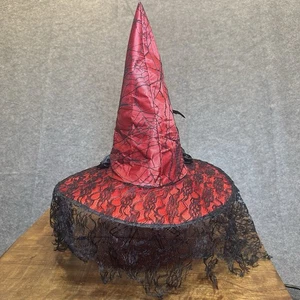 Red Witches Lace Witch Hat & Black Gloves Halloween Costume Witchy Goth Spell OS - Picture 1 of 14
