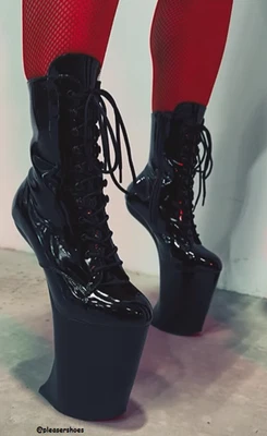 9" Black Hoof Wedge Heelless Platform Fetish High Heels Drag Queen Lace Up Boots - Image 1 of 2