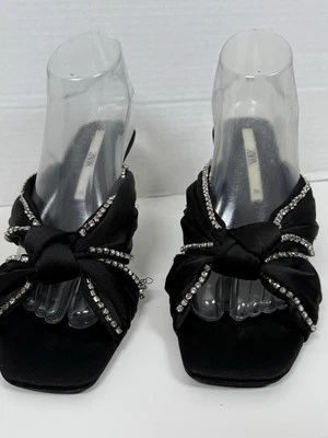 Women's ZARA Rhinestone Satin Bow Slip On Low Heeled Sandals 39 /8.5 - Image 1 of 4