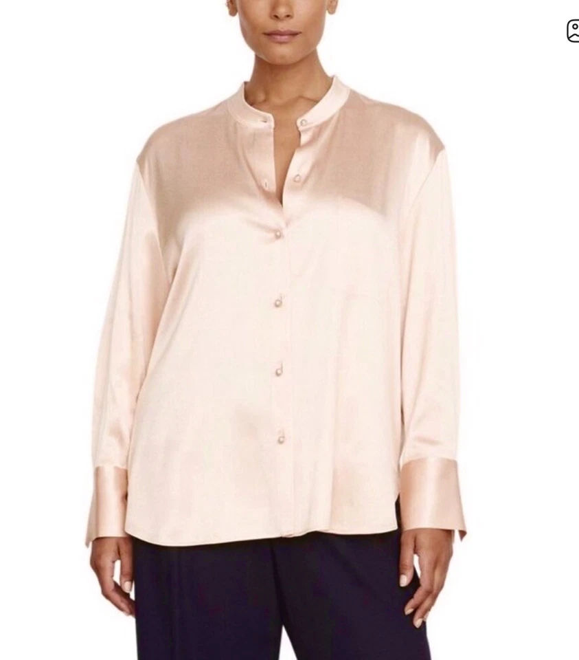 Vince 2X Womens Blouse Top Pampas Satin Relaxed Fit Band Collar Long Sleeve