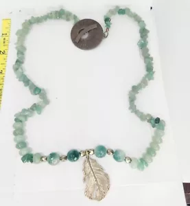 Vintage Gemstone Chalcedony Adventurine Quartz Beaded Necklace Feather Pendant - Picture 1 of 7