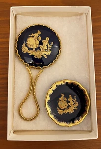 Limoges Cobalt Blue Porcelain Mirror & Dish Courting Couple Set W Gold Gilt - Picture 1 of 8