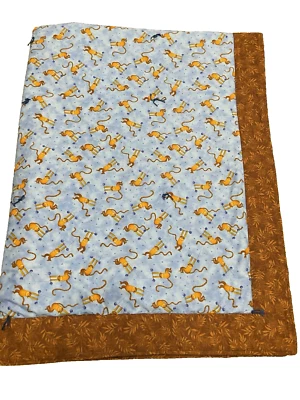 Monkey Blanket Blue Brown Cotton Quilted Swinging Handmade - Image 1 of 4