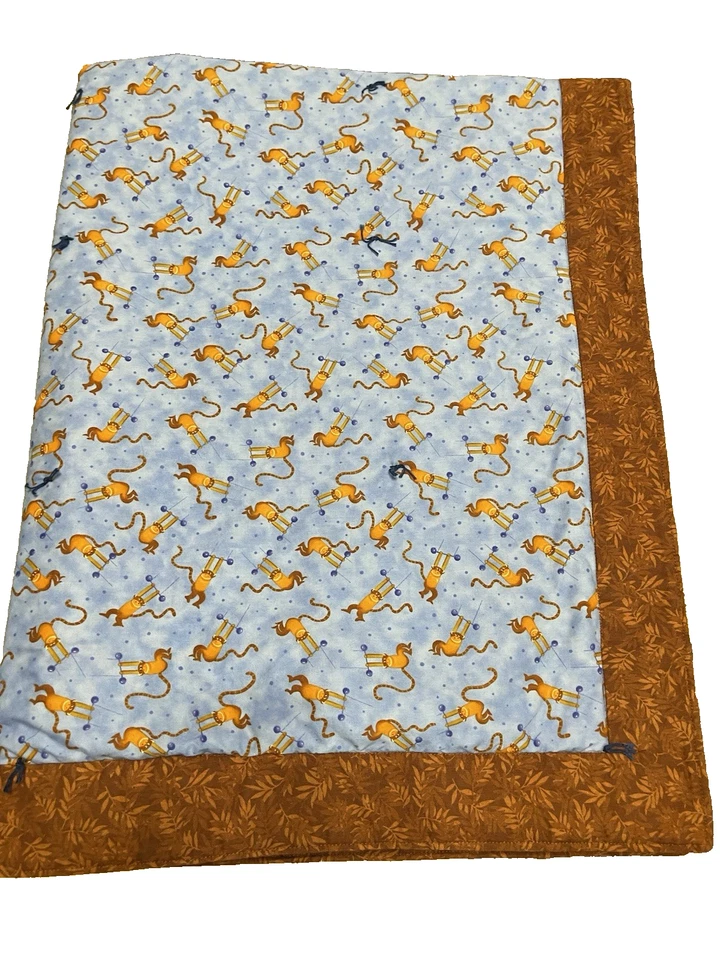 Monkey Blanket Blue Brown Cotton Quilted Swinging Handmade - Image 1 of 4