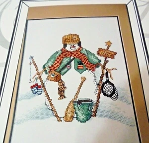 "FISHER SNOWMAN" Cross Stitch Kit-Design Connection-14 ct.- 6 7/8" x 6 5/8"-RARE - Picture 1 of 2