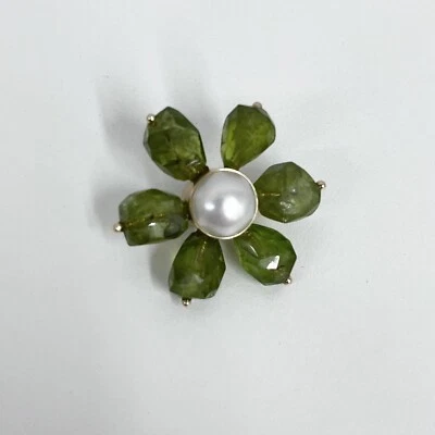 Vintage MAZ 14K Gold Pearl Green Peridot Flower Pin 1 3/8" by 1 1/4" - Image 1 of 4