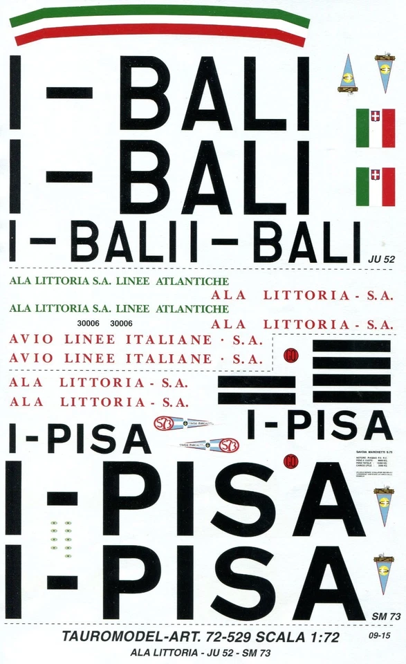 TAURO MODEL TM72/529 INSEGNE ALA LITTORIA PER S.M.73, Ju 52 SCALA 1:72 - Immagine 1 di 1