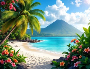 Tropical Beach with Palm Trees, Flowers, and a Volcano Poster Print 18 x 24 in - Picture 1 of 2