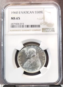 1960 VATICAN SILVER 500 LIRE S500L POPE JOHN XXIII NGC MS 65 SCARCE BRIGHT GEM - Picture 1 of 3