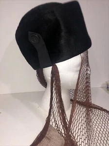 Vintage Miss Eileen Black Hat With Veil Soleh Italy Faux Fur Felt? Small No Size - Picture 1 of 12