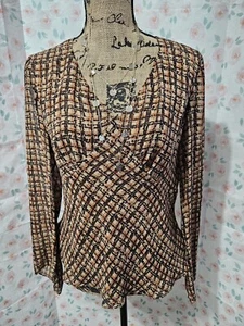 ALFANI, WOMEN'S BROWN/RUST SILK V-NECK LONG SLEEVED GEO CAREER BLOUSE, SIZE 8 - Picture 1 of 7