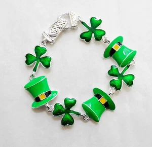 Irish Theme Bracelet Green Shamrocks Hats Silver Magnetic Closure St. Patrick - Picture 1 of 9
