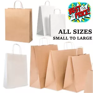 More details for paper bags with handles kraft small large 50 100 carrier gifts party brown white