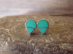 Zuni Indian Jewelry Sterling Silver Tear Drop Inlay Turquoise Earrings - Picture 1 of 5