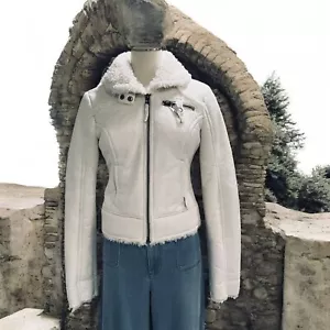 Guess Jeans White Faux Shearling Jacket Womens Small Y2K Moto Biker Cropped Cozy - Picture 1 of 12