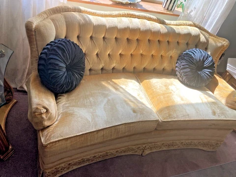 Vintage Baroque Rococo Gold Velvet Sofa, Chair, End Table Set Cover