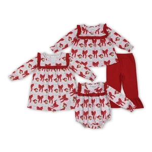Christmas Sibling Clothing Santa Red Bow Print Long Sleeve Clothes Outfit - Picture 1 of 7
