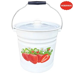 Eimer mit Deckel und Stand "Erdbeeren", 12 L, emailliert konisch (weiß) - Bild 1 von 1