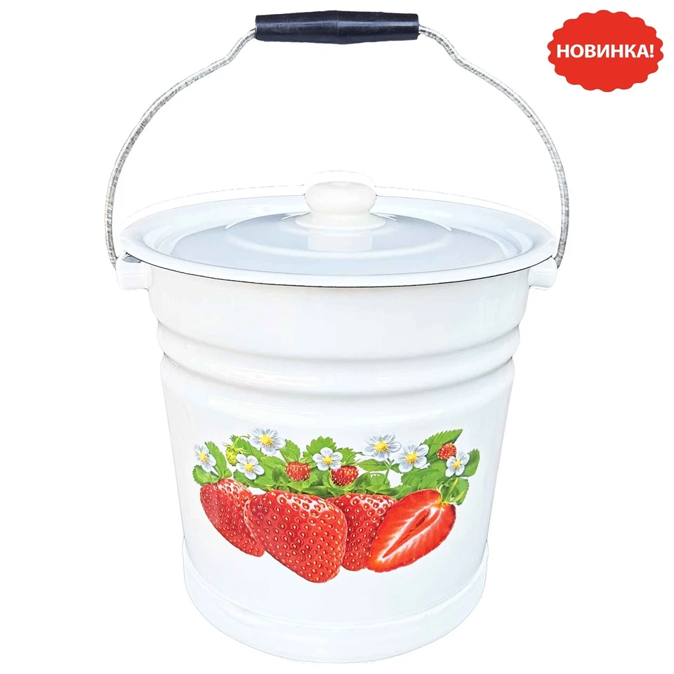Eimer mit Deckel und Stand "Erdbeeren", 12 L, emailliert konisch (weiß) - Bild 1 von 1