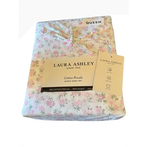 NEW Laura Ashley Queen Cotton Percale 4 piece Sheet Set Pink Floral 🩷🩷 - Picture 1 of 7