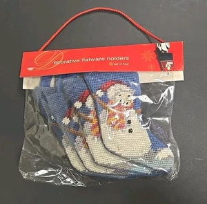 Needlepoint Mini 4-teiliges Set Schneemann Weihnachten Strümpfe Urlaub Besteck Halter - Bild 1 von 3