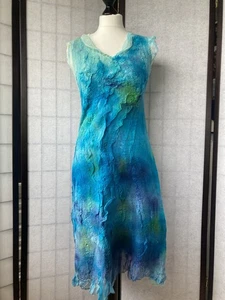 Handmade Felt and Silk Turquoise Aqua Blue Occasion Dress Size UK 8/10 by VEUNA - Picture 1 of 4
