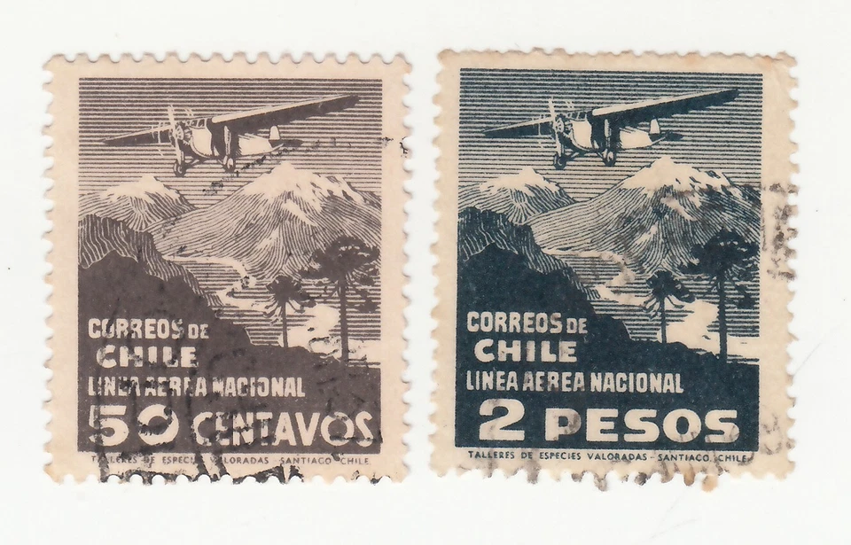 Chile 1931-34. Servicio doméstico de correo aéreo: avión sobre paisajes. Sc# C26, C28 Foto 1 de 1